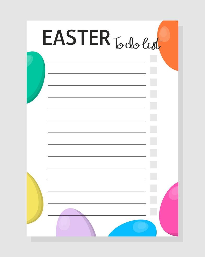 Easter To Do List with Colorful Eggs and place for text. Agenda, planner, checklist, book, note, memo, card and other personal organizer. Layout in A4, A5, A6. vector