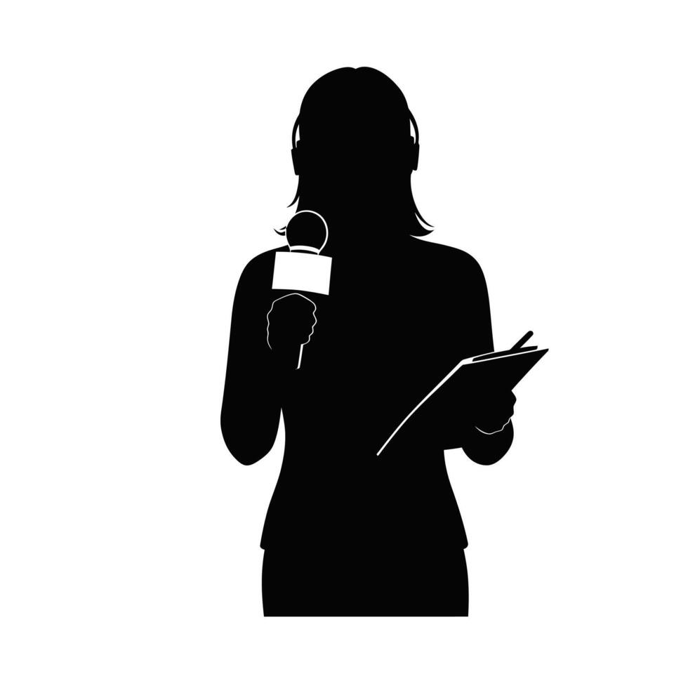 Silhouette of a woman holding a microphone and holding a clipboard vector