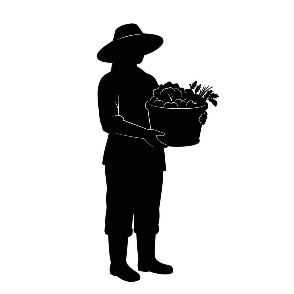 A silhouette of a woman holding a bucket of vegetables vector