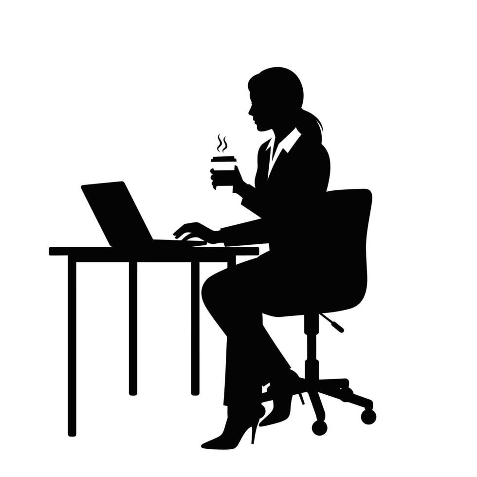 Silhouette of a woman working at her desk with a cup of coffee vector