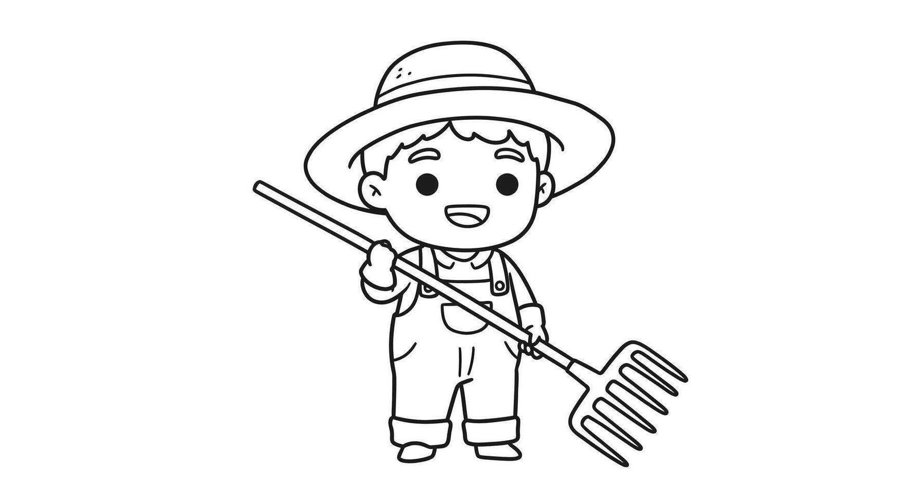A cartoon boy holding a pitchfork and a hat vector
