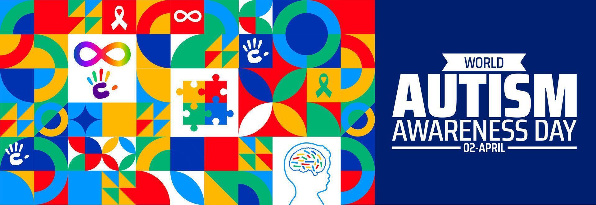 World Autism awareness day geometric shape pattern background banner or poster design template with Brain design. Autism is a Developmental disability caused by difference in brain. vector