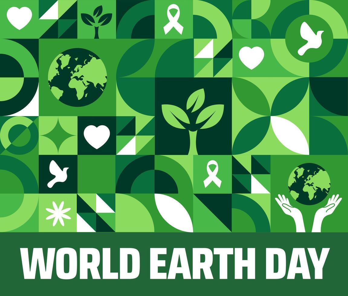 happy world earth day world map and flower design geometric shape pattern background banner vector