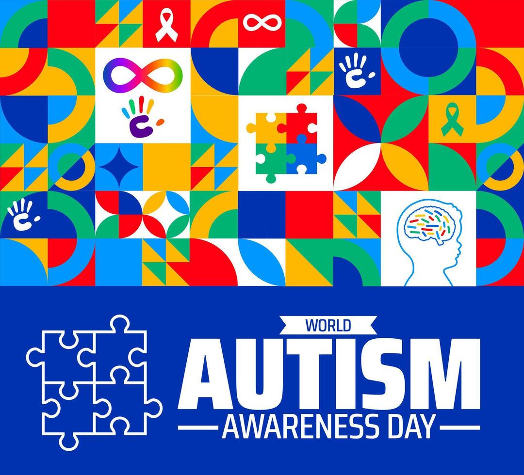 World Autism awareness day geometric shape pattern background banner or poster design template with Brain design. vector