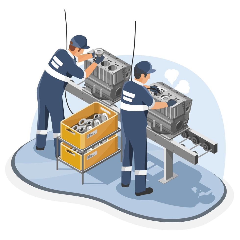 Factory workers assembling engine blocks on automated production line in manufacturing industry with parts container and industrial tools in isometric cartoon style vector