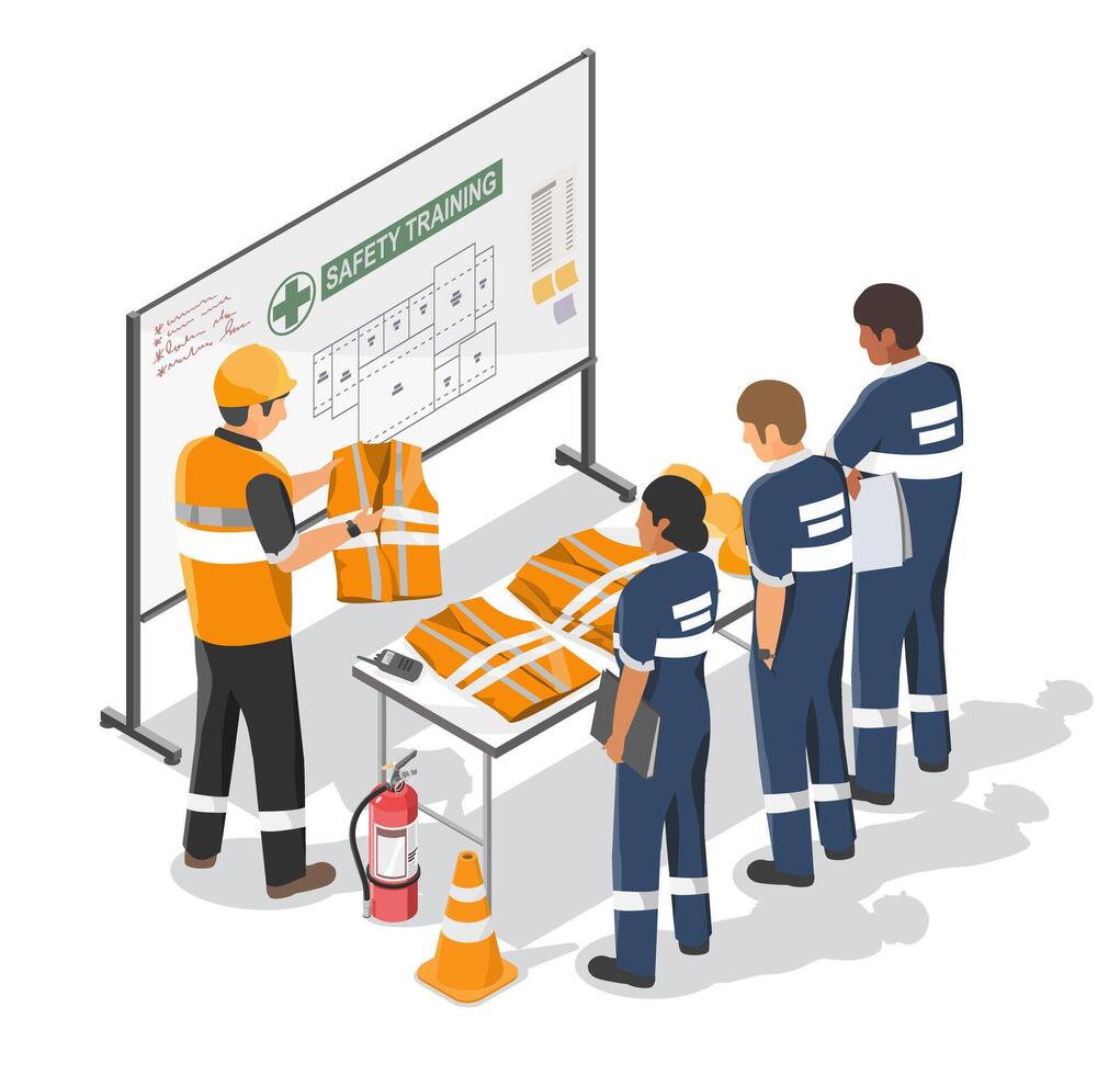 Isometric Illustration of an Industrial Engineer Conducting a Safety Training Session for Workers on Protective Equipment and Workplace Safety vector