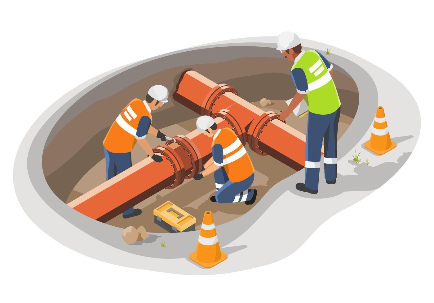 Construction Workers Repairing a Large Underground Gas Pipeline in an Excavation Site with Safety Gear isometric isolated vector