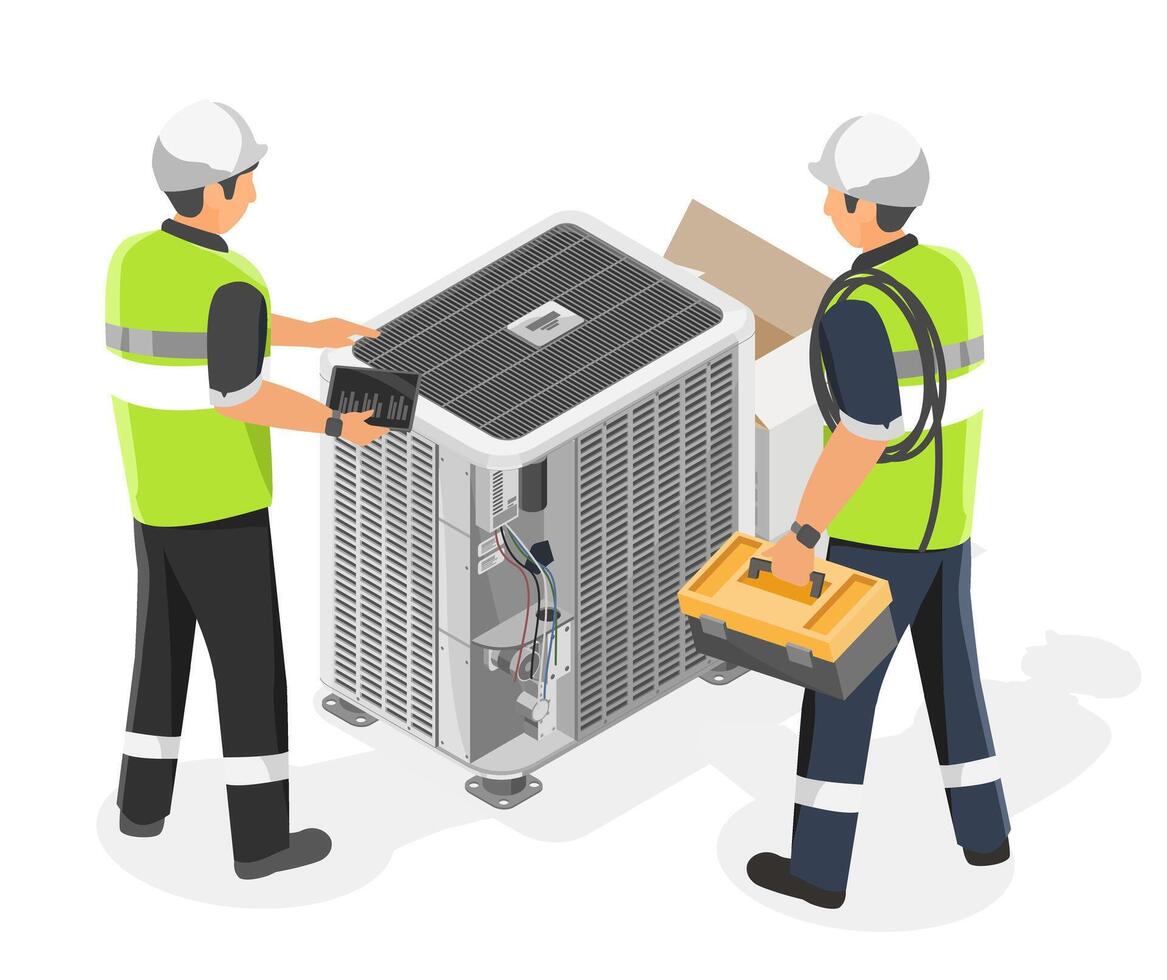 HVAC installation and maintenance engineer team Service at home Heating Ventilation and Air Conditioning isometric isolated cartoon vector