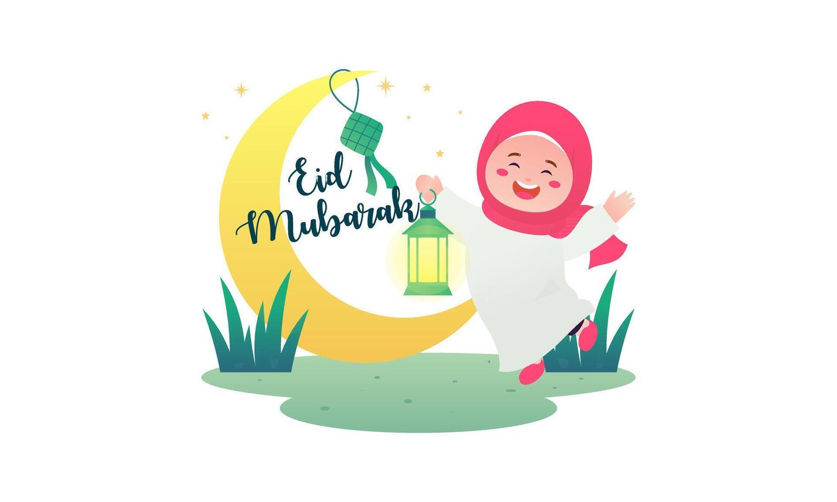 Eid Mubarak Happy Muslim Girl with Lantern and Moon Illustration vector