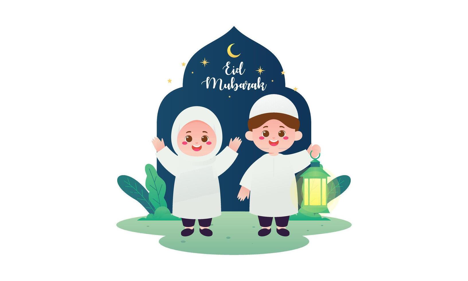 Eid Mubarak Happy Muslim Kids with Lantern and Moon Illustration vector