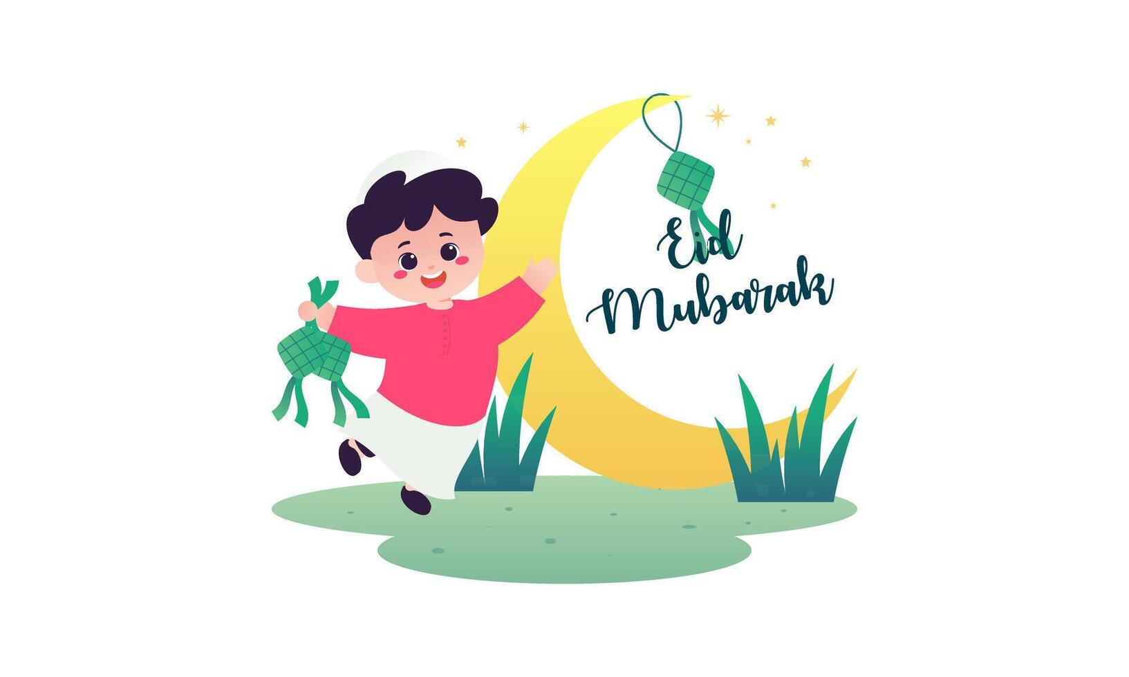 Eid Mubarak Happy Muslim Boy with Lantern and Moon Illustration vector