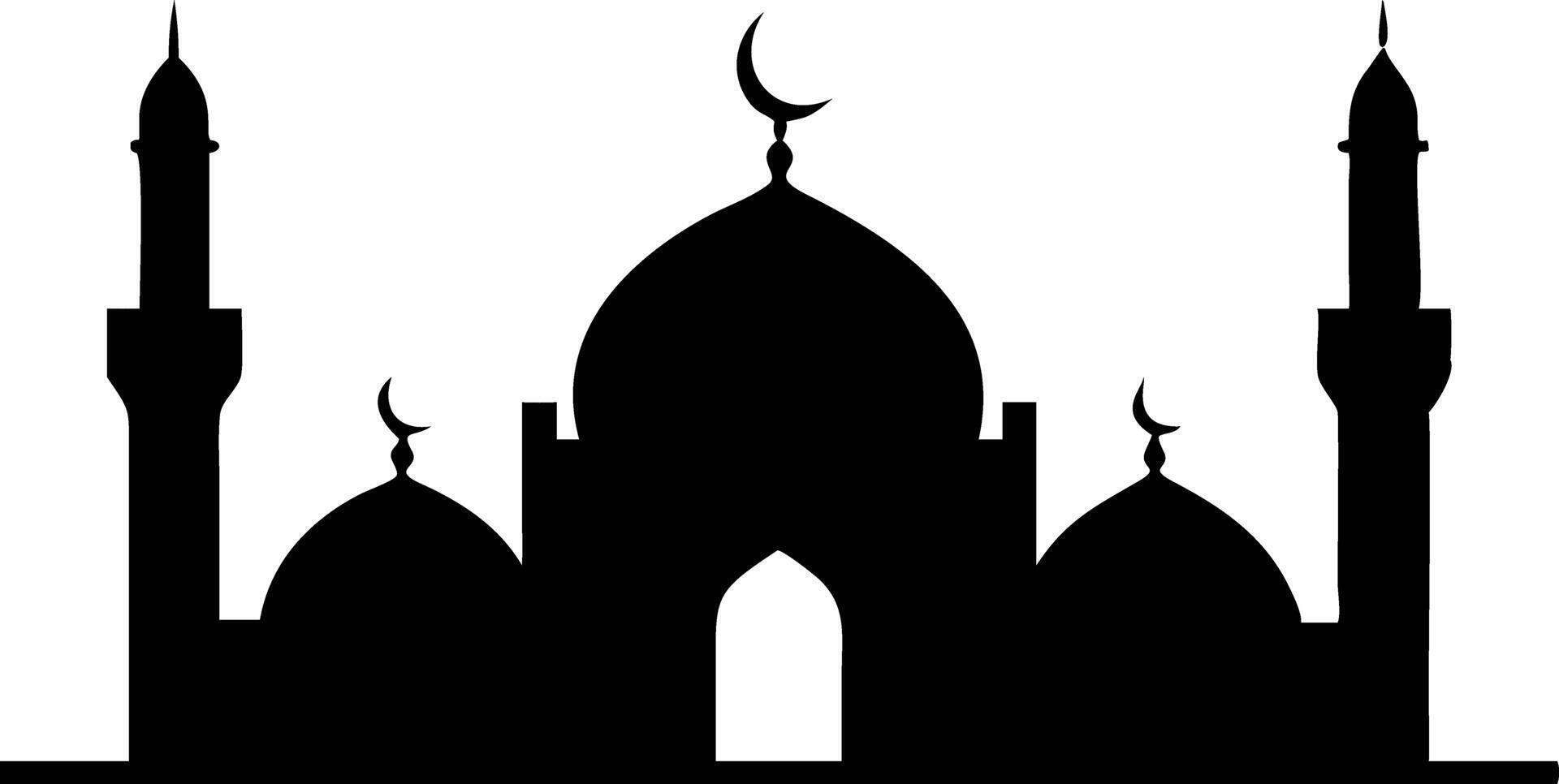 Black Mosque Silhouette with Crescent Moon on White Background, Islamic Architecture, Eid Mubarak and Ramadan Kareem Celebrations vector