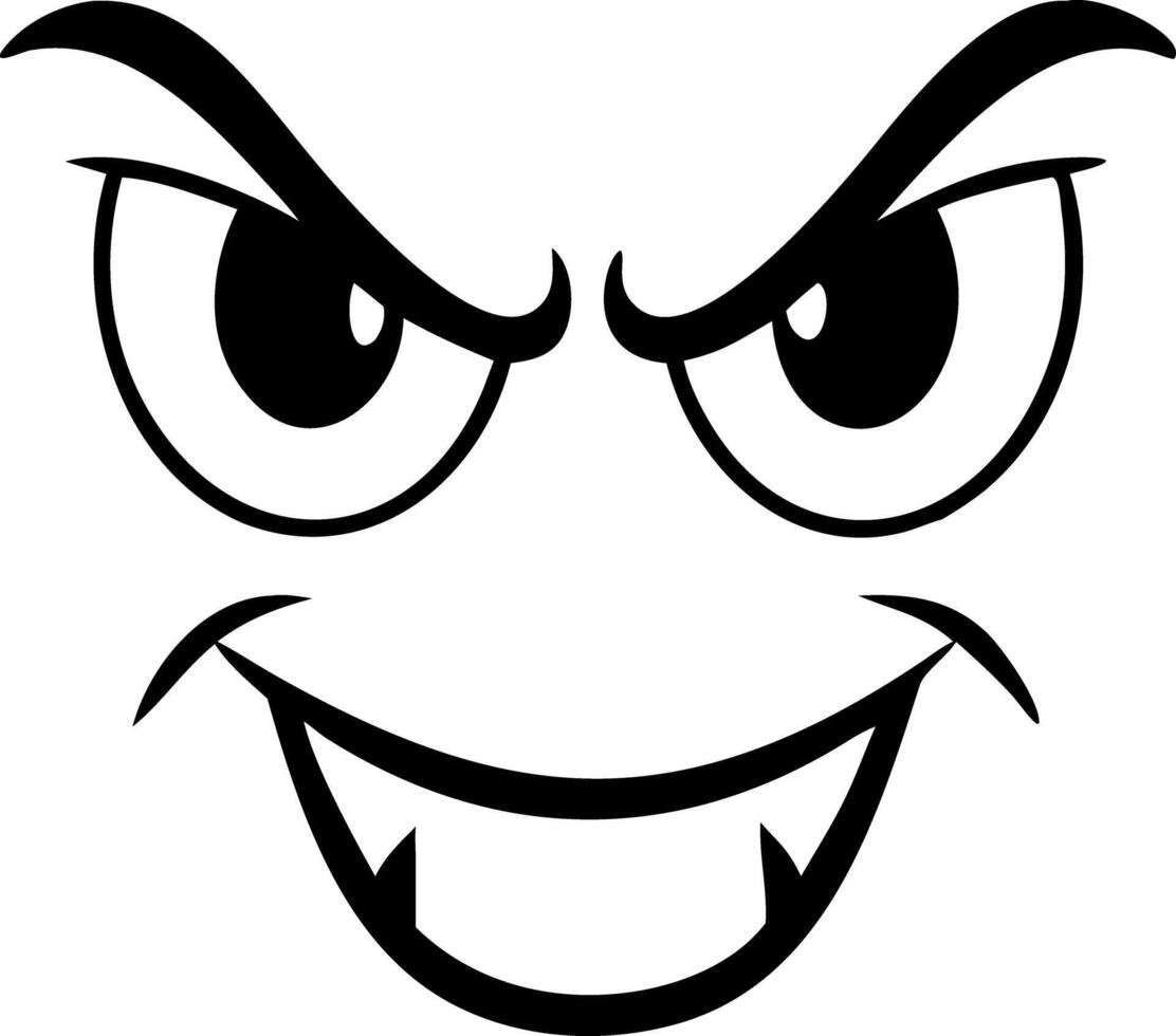 Evil Grin Cartoon Face, Angry Expression, Fangs Silhouette, Dark Eye Brows, Horror Element, Mascot Black And White vector
