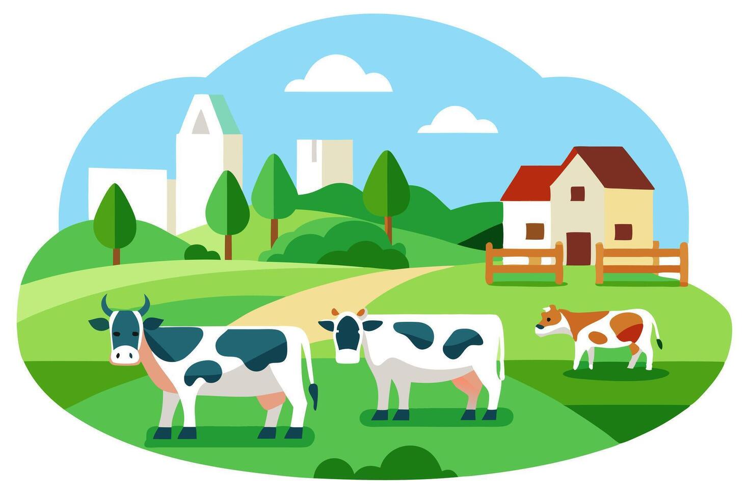 Cartoon Farm Landscape with Cows, Countryside, Houses, and Green Fields Under a Clear Sky Flat Design vector