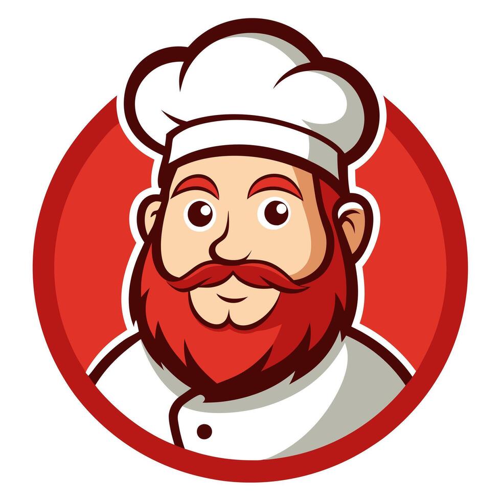 Cartoon Chef Portrait with Red Beard and Toque in Circular Red for Restaurant Logo vector