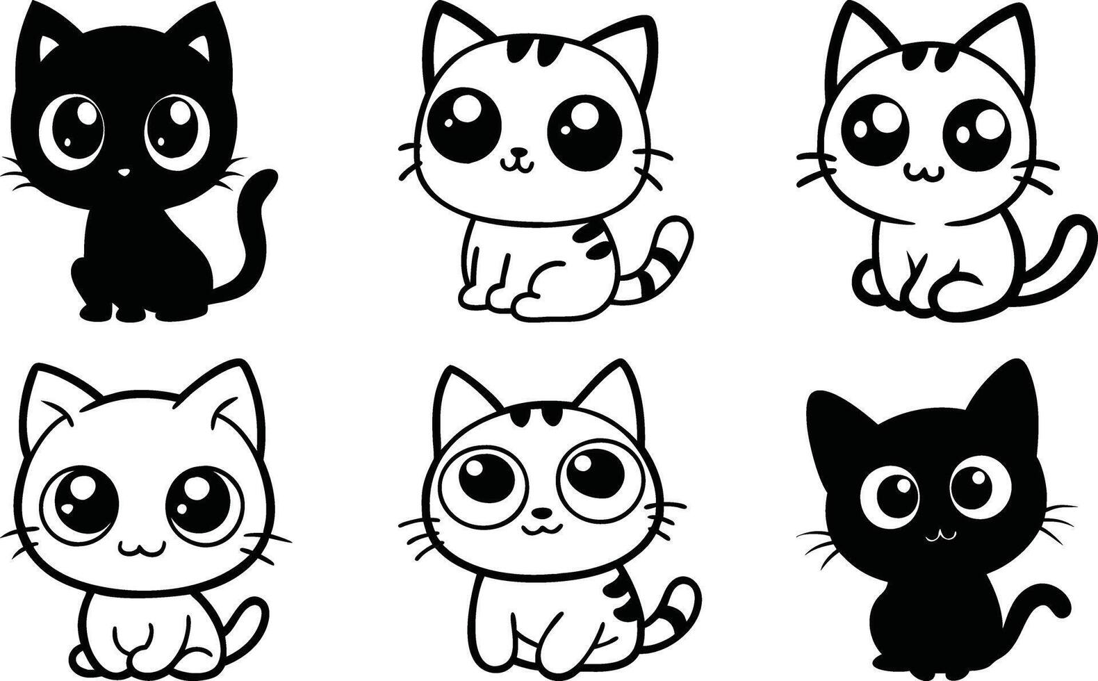 Adorable Cartoon Cats Collection Black and White Outline Style, Cute Kittens with Big Eyes, Isolated on White Background vector