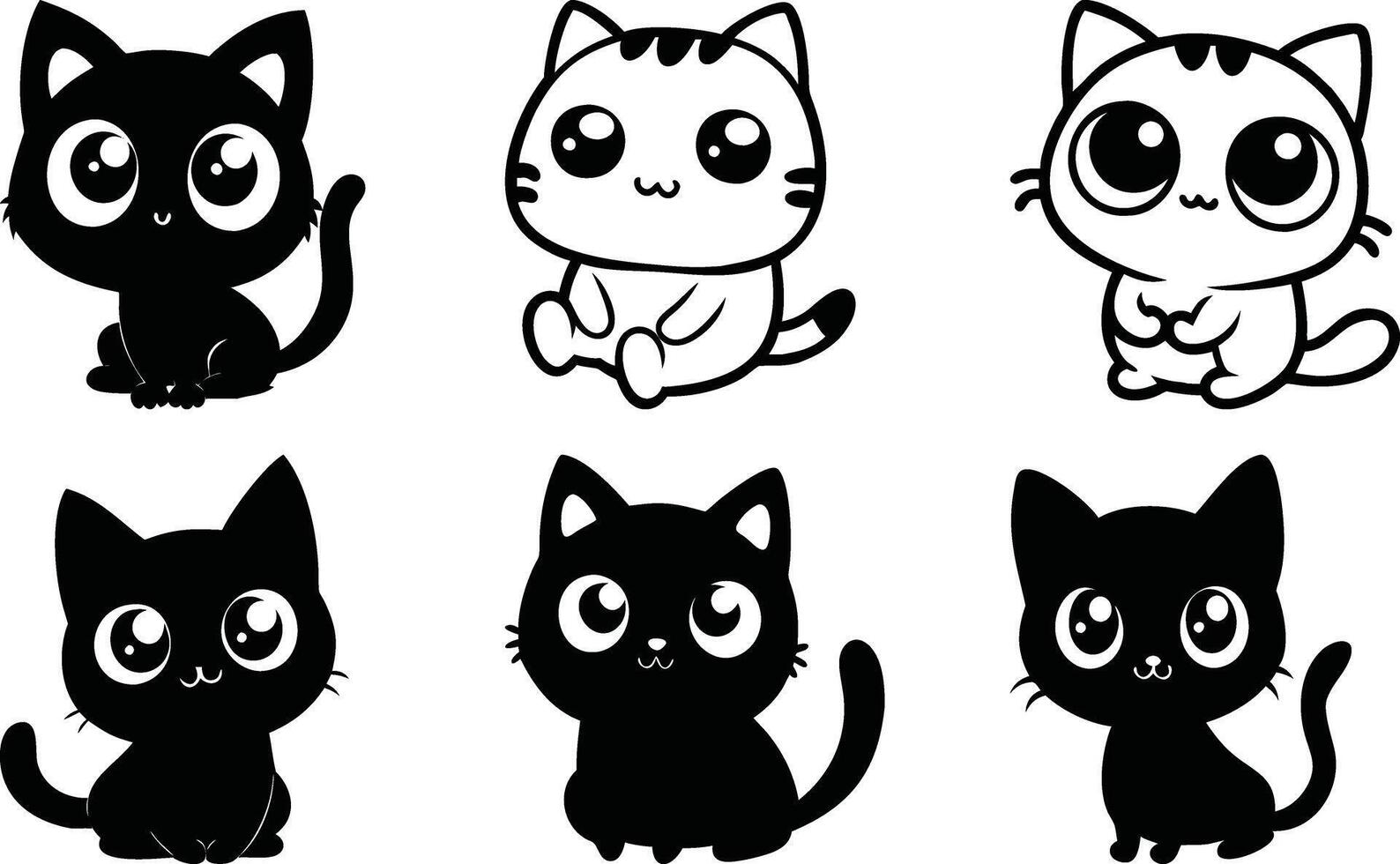 Collection of Cute Cartoon Cats Black and White Outlines, Playful Kittens, Minimalist for Children's Design vector