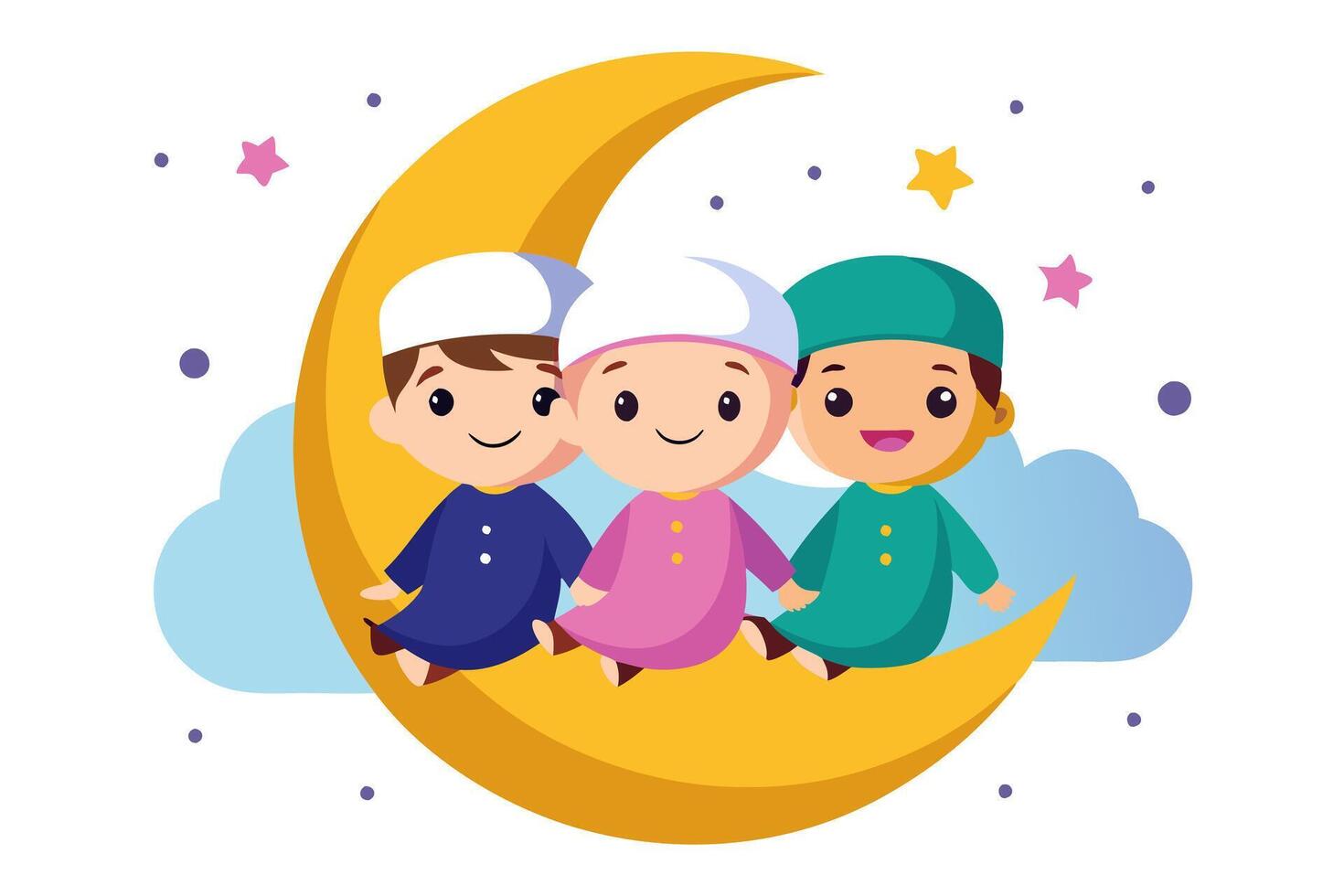 Cheerful Muslim Children Celebrating Ramadan Sitting on a Crescent Moon with Stars, Representing Joy and Festivity vector