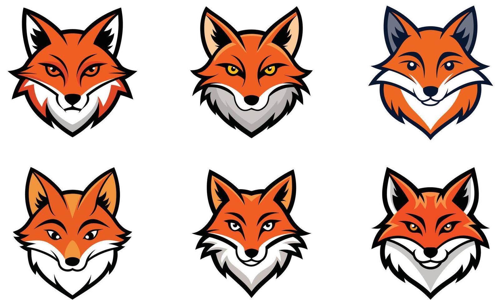 Fox Head Mascot Logo Designs Collection Orange and Gray with Bold Outlines, Six Variations vector
