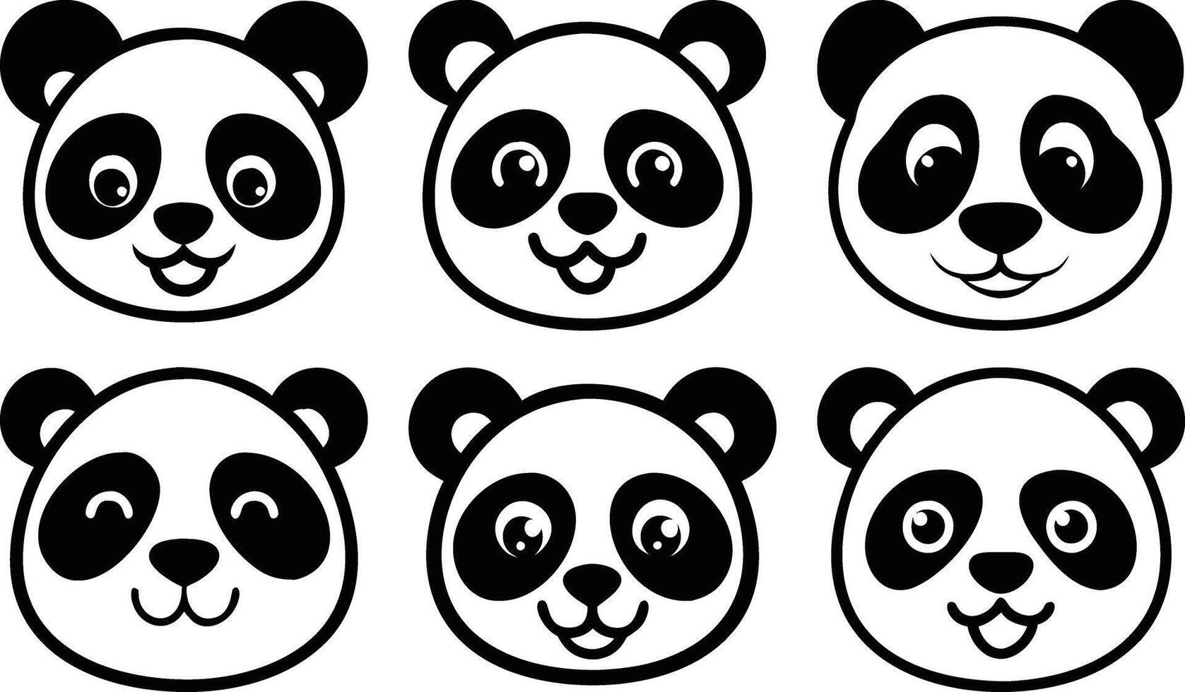 Collection of Six Cute Panda Bear Heads with Different Smiling Expressions in Black and White Silhouette vector