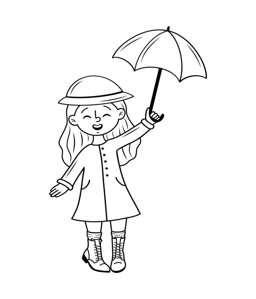 The girl under the umbrella. Drawing of a joyful girl with an umbrella. graphics, hand-drawn, stock cartoon illustration. vector