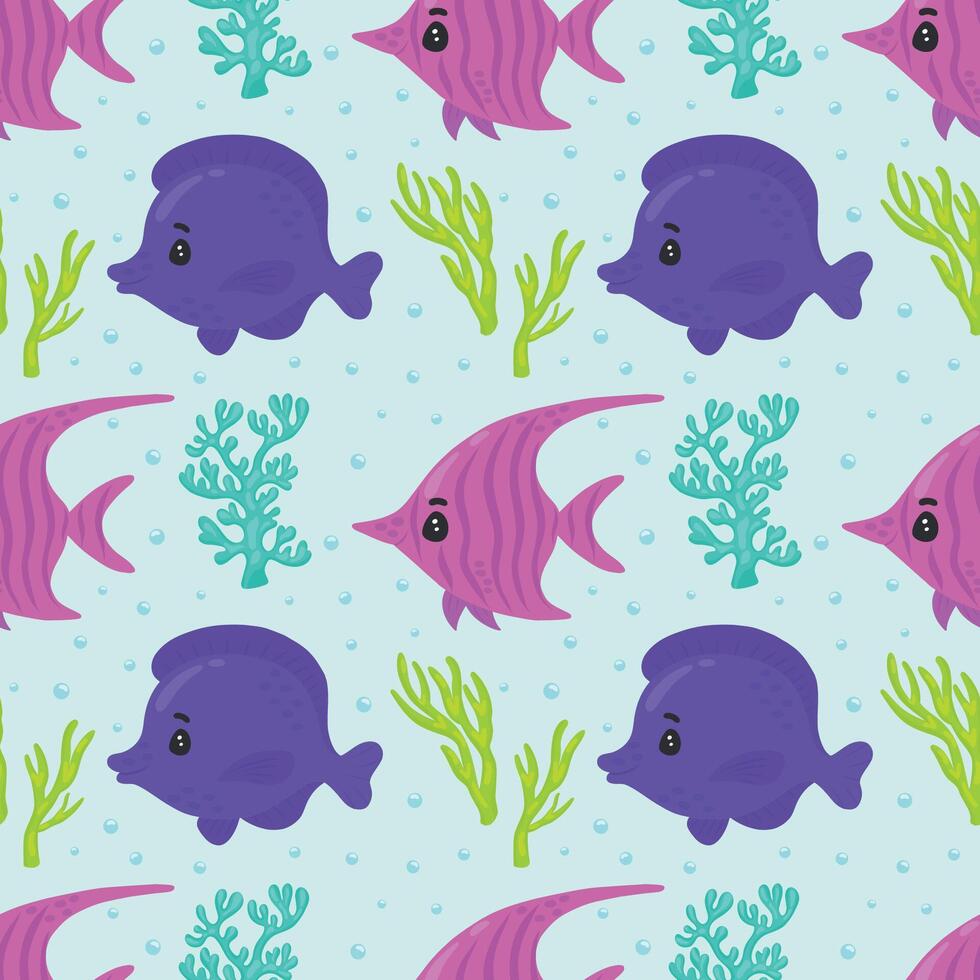 Seamless pattern with cute reef fish and corals. Funny multicolor background,marine texture. Modern illustration vector