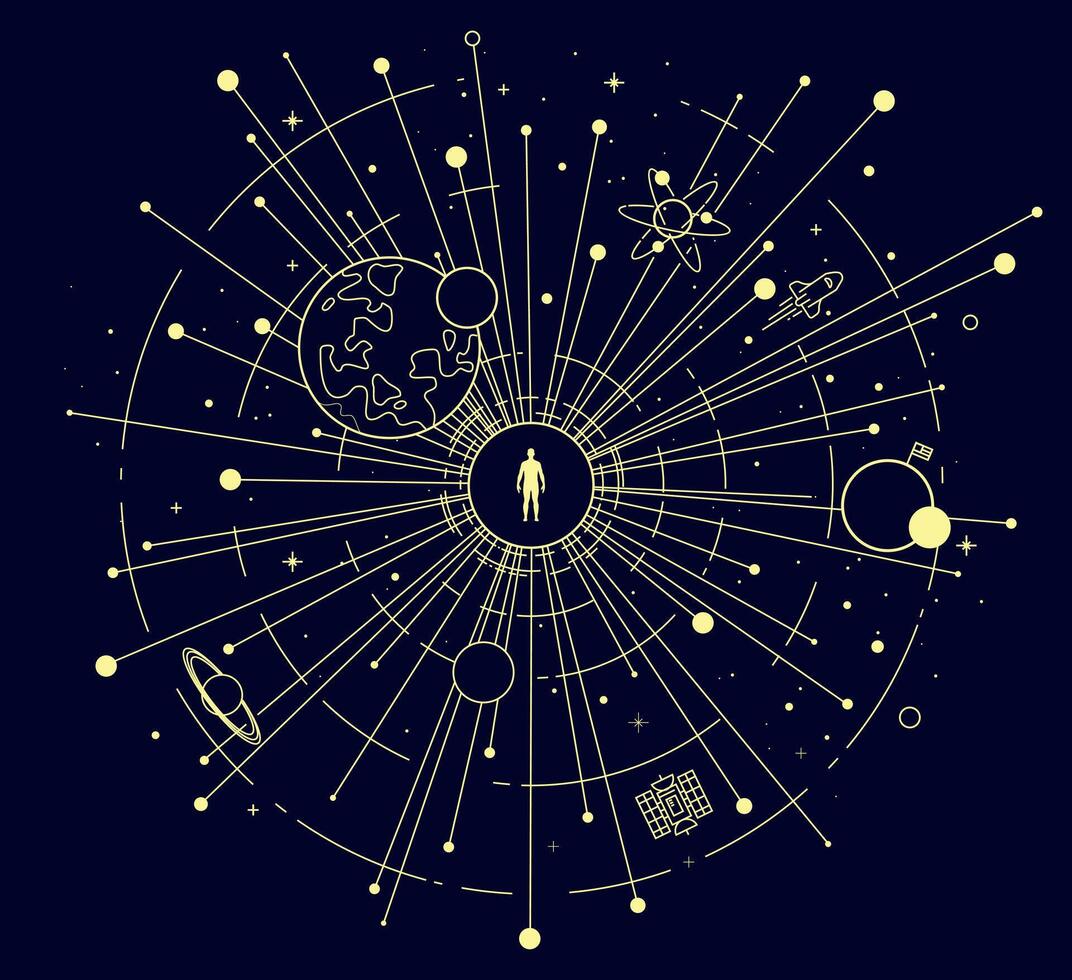 Human at the Center of Space and Technology. Cosmic Exploration. Cosmic astrology map with stars and constellations vector