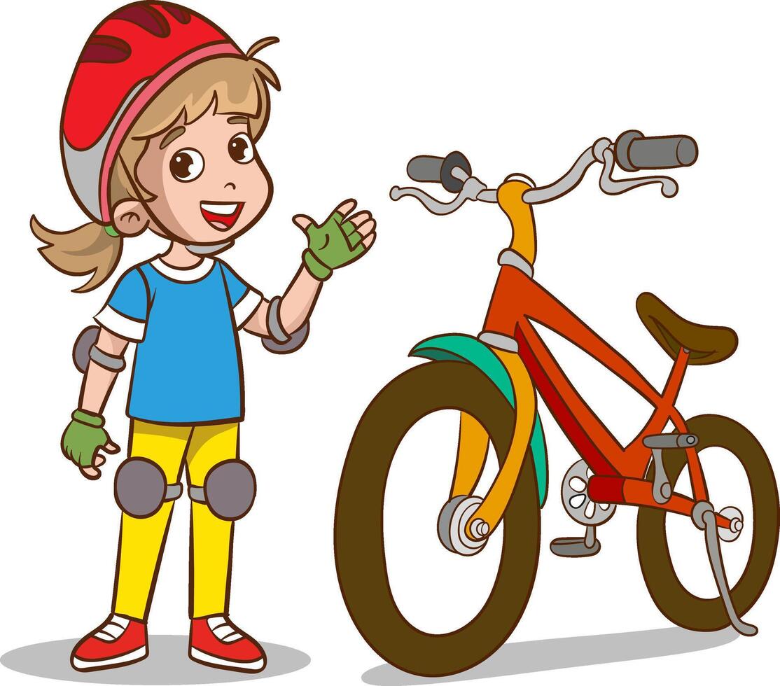 Happy little girl wearing helmet smiling and talking with her bike. illustration isolated on white background vector