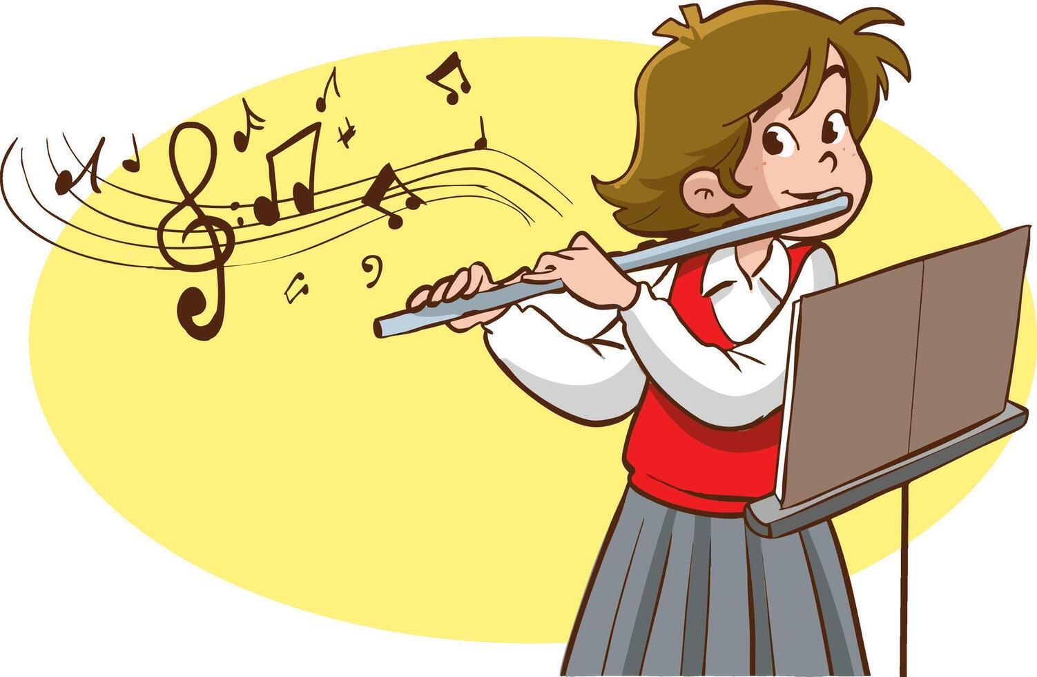 illustration of cute little girl playing the flute on yellow background. vector