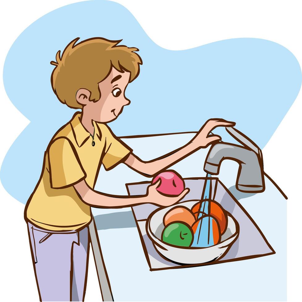 Boy washing fruits in the kitchen before eating illustration vector