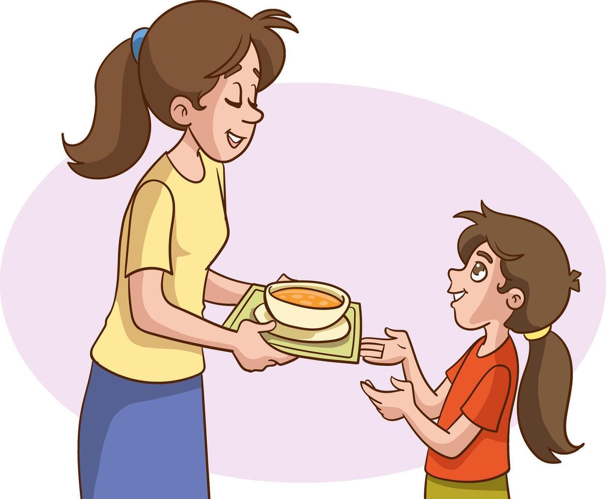 Illustration of a Girl Helping Her Mother Prepare the Dinner Table at Home.Little Girl Helping Mother In The Kitchen vector