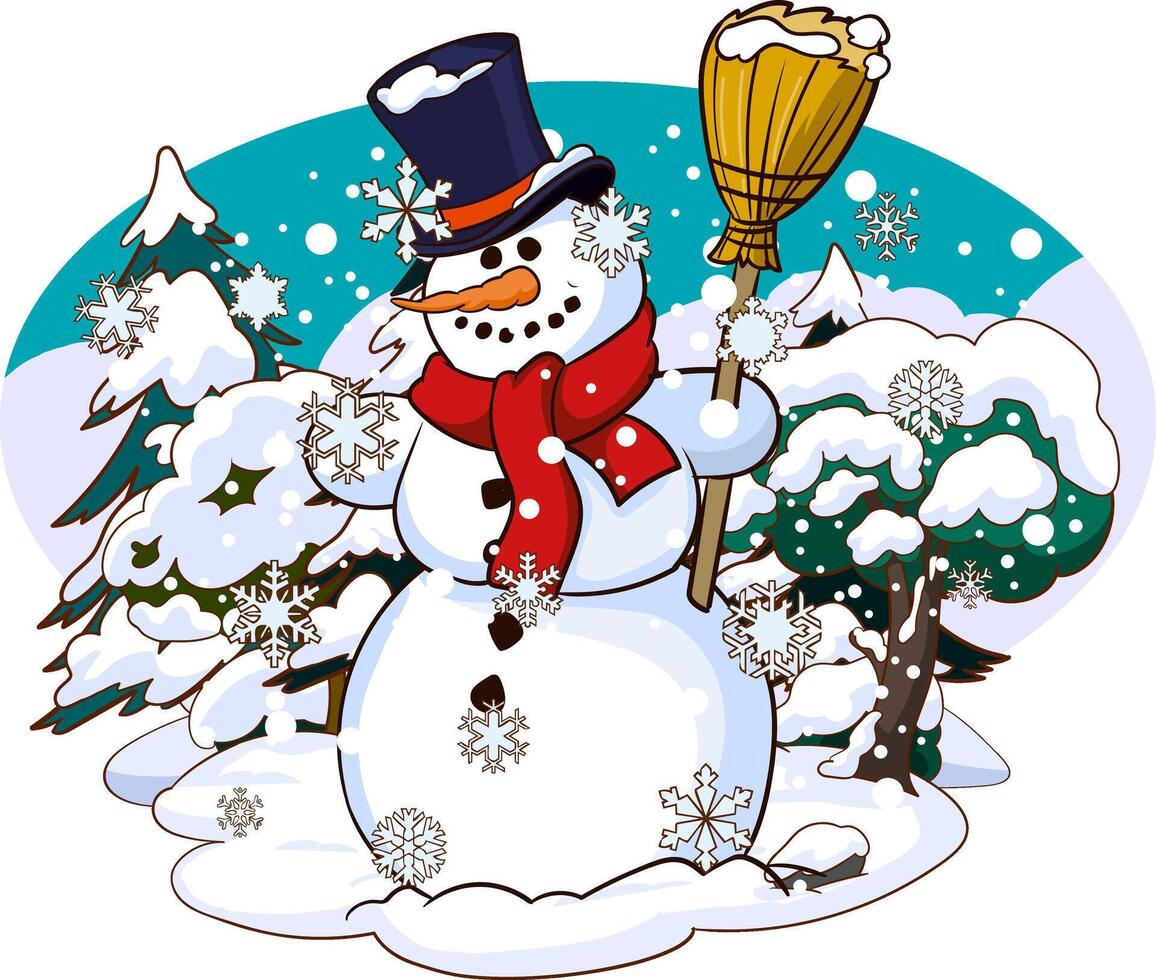 Cute cartoon snowman wearing a hat and scarf. Winter illustration on a background with snowy trees vector