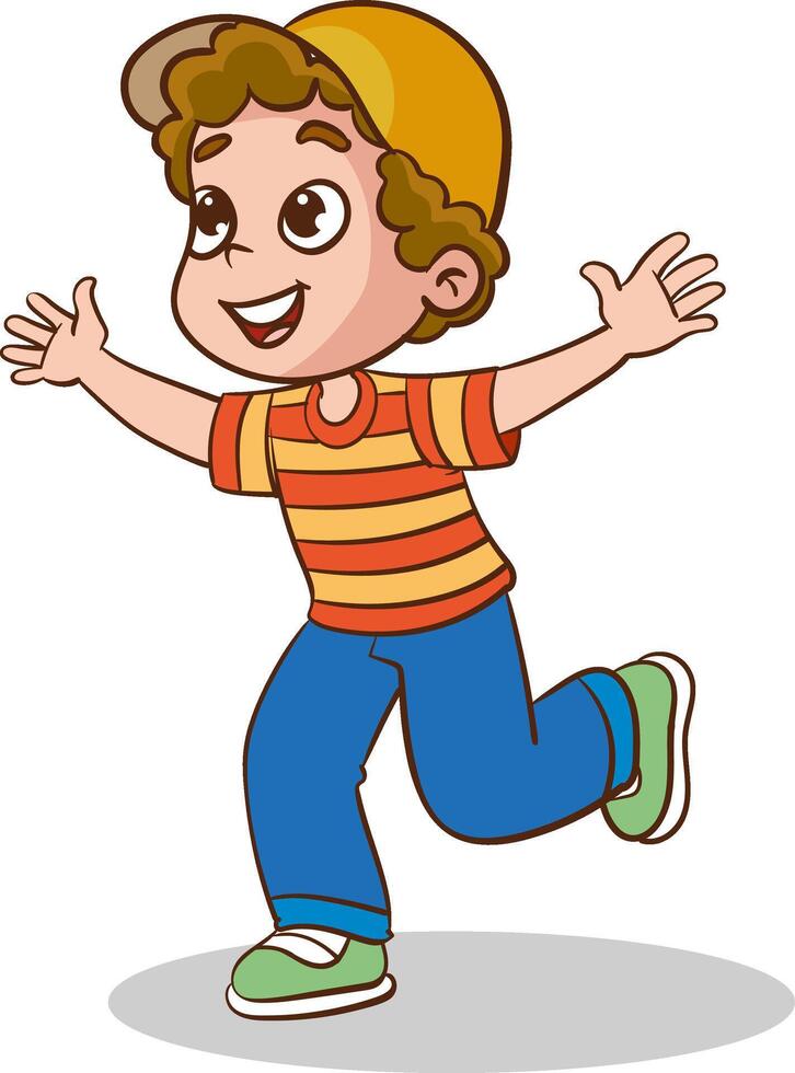 Happy children jumping illustration. Cartoon isolated active child running, sport exercises in summer park, healthy walk with jumps of funny excited small school kid in jeans and sneakers vector