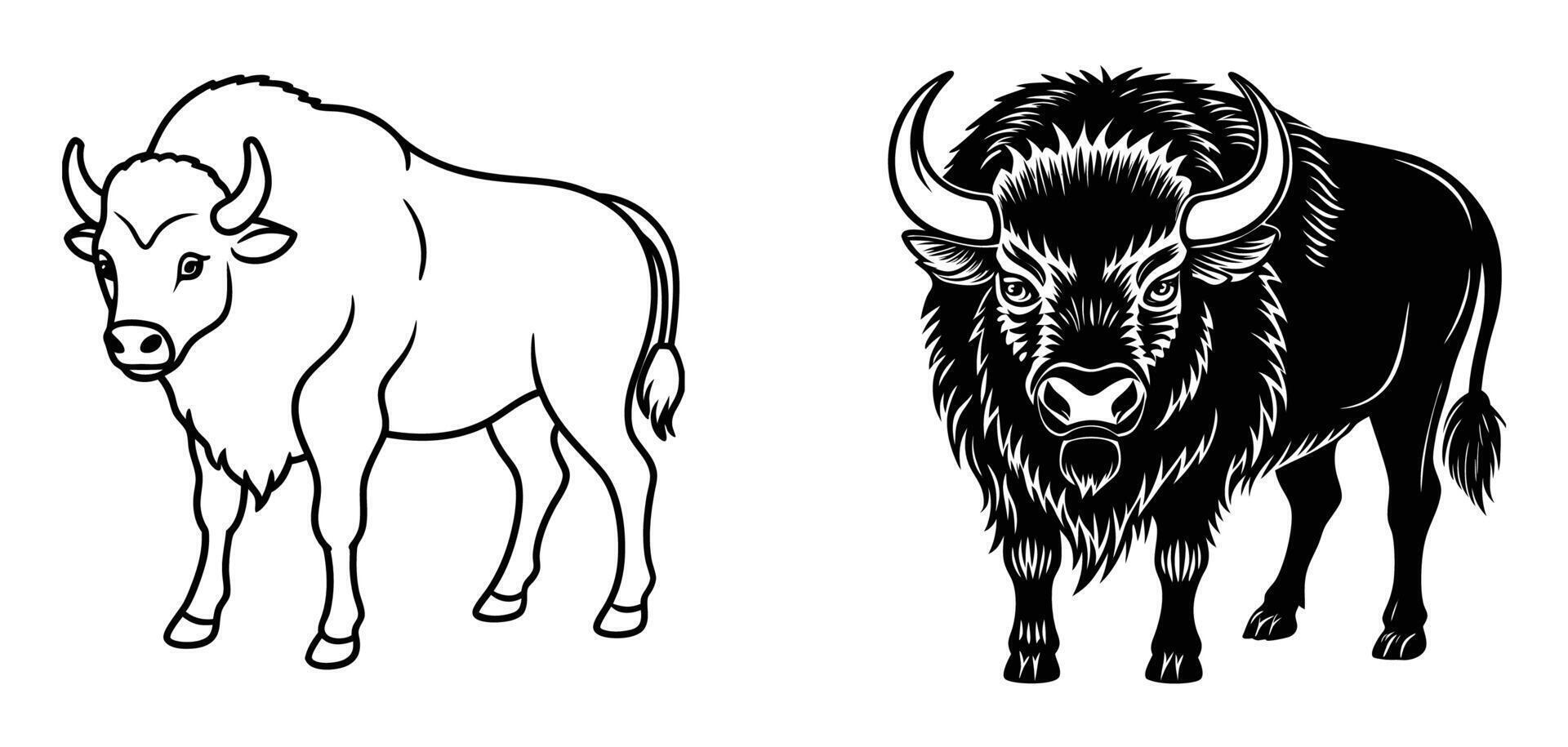 American Bison Outline and Solid Black Illustrations vector