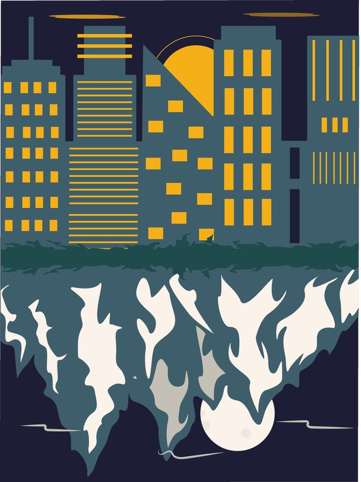 Colorful illustration city and mountains. Picture postcard city with high-rise buildings turns into snow-capped mountains. vector