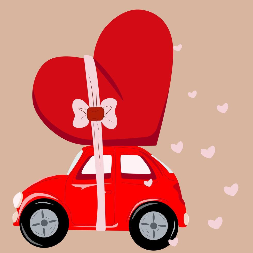 A small red car carries a big heart for lovers on its roof. Picture illustration of a code for all lovers. Greeting card for a wedding, sticker cover vector
