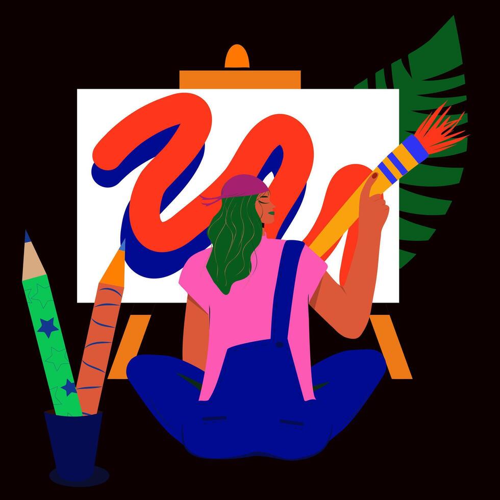 girl artist paints a picture on a large white canvas. Stylish artist with a large brush for painting. Picture screensaver cover. vector