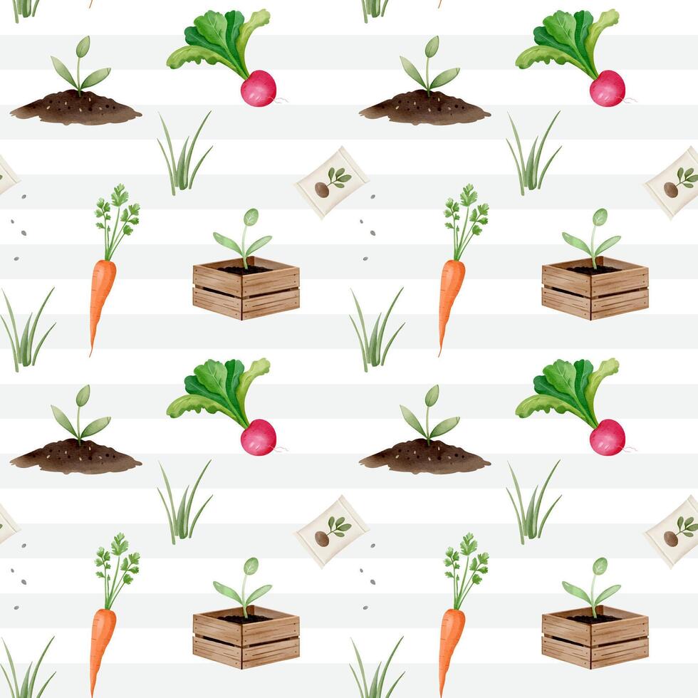 Seamless pattern with watercolor vegetables and plants in a box. Farm watercolor pattern. Carrots, radishes vector