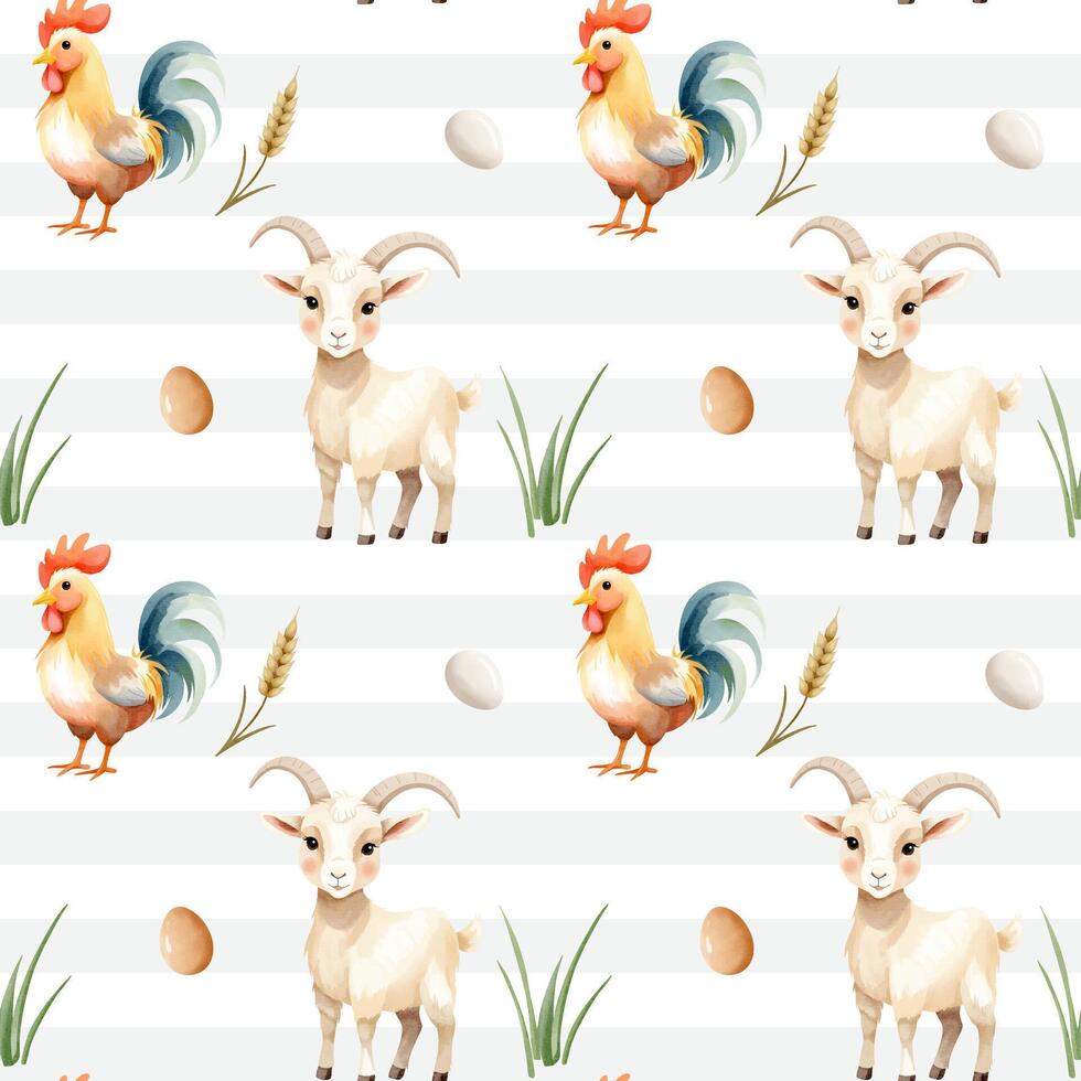 Seamless pattern with cute watercolor rooster, goat and eggs. Domestic animals. Farm animals watercolor pattern. vector