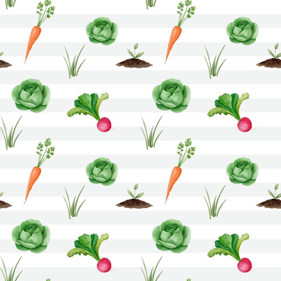 Seamless pattern with watercolor vegetables. Farm vegetables watercolor pattern. Cabbage, carrots, radishes vector