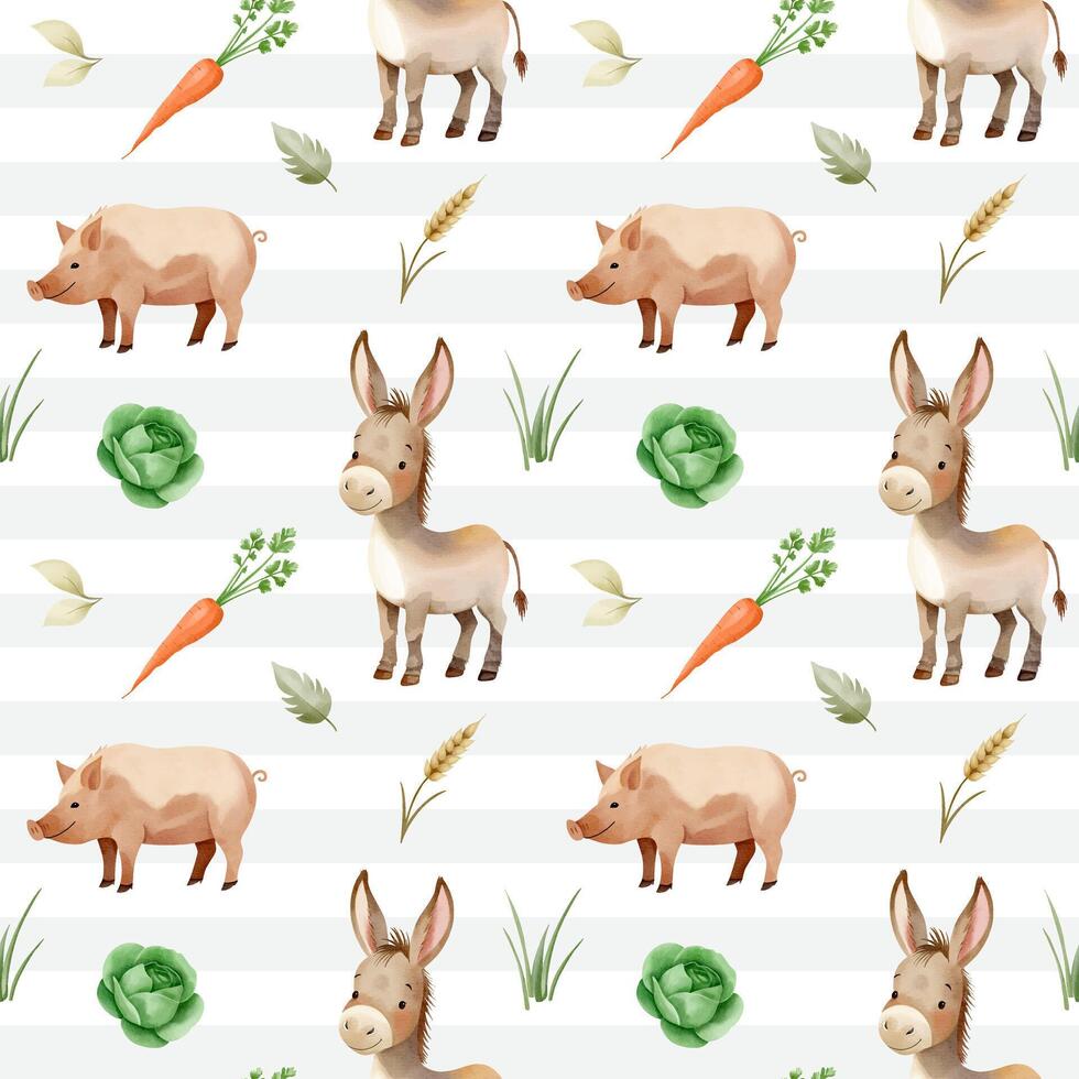 Seamless pattern with cute watercolor donkey, pig and vegetables. Domestic animals. Farm watercolor pattern. vector