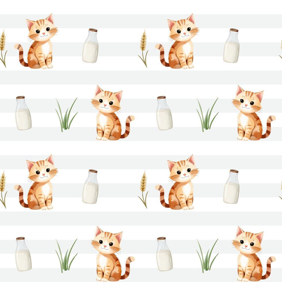 Seamless pattern with cute watercolor cat and milk bottle. Domestic animals. Farm watercolor pattern. vector