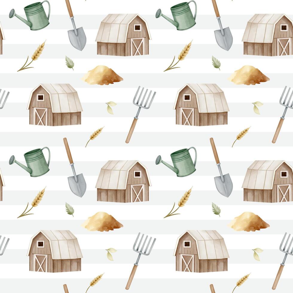 Seamless pattern with watercolor barn and agricultural tools. Farm pattern. Agricultural watercolor background vector
