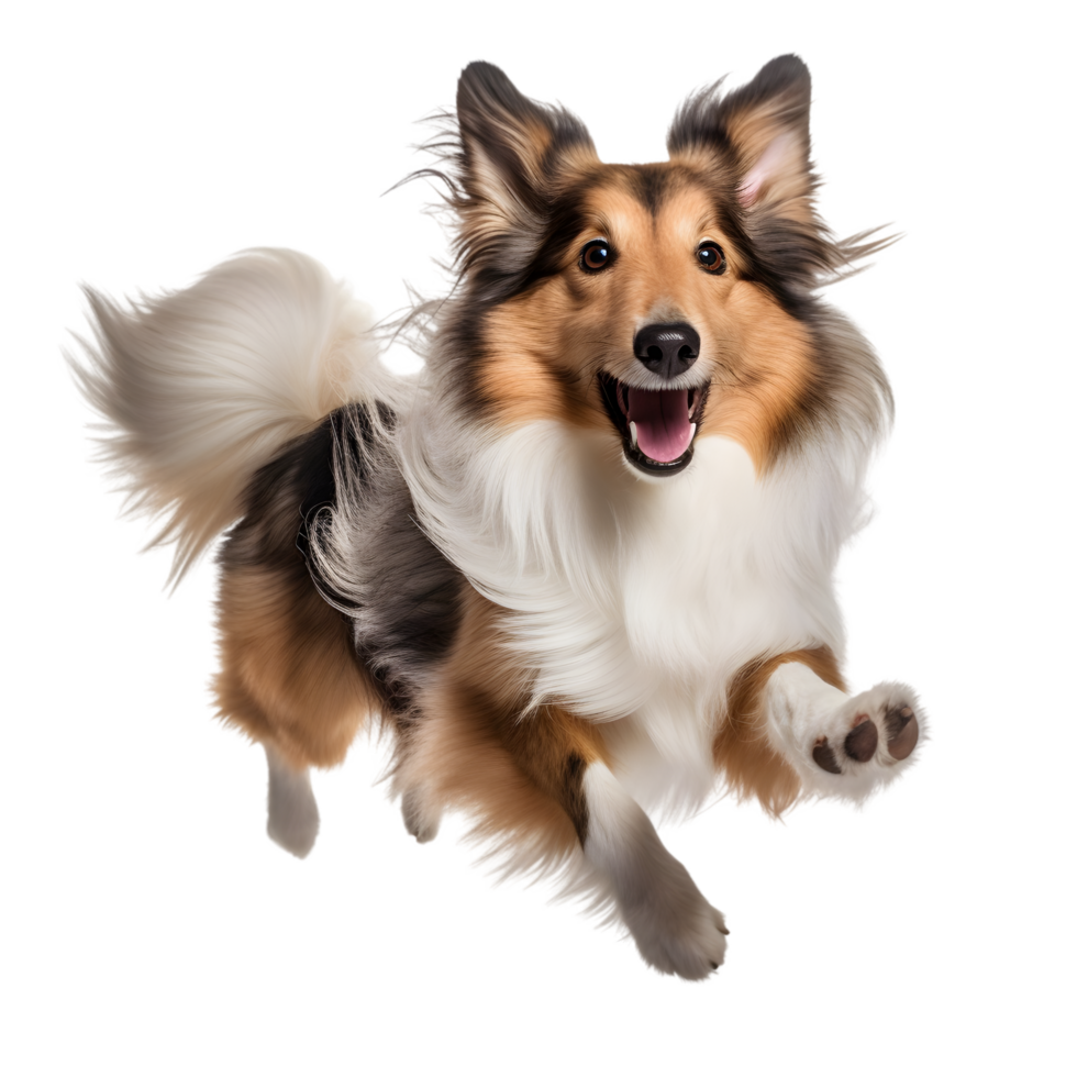 Shetland sheepdog midjump in action indoor studio dog photography bright environment dynamic perspective joyful playfulness png