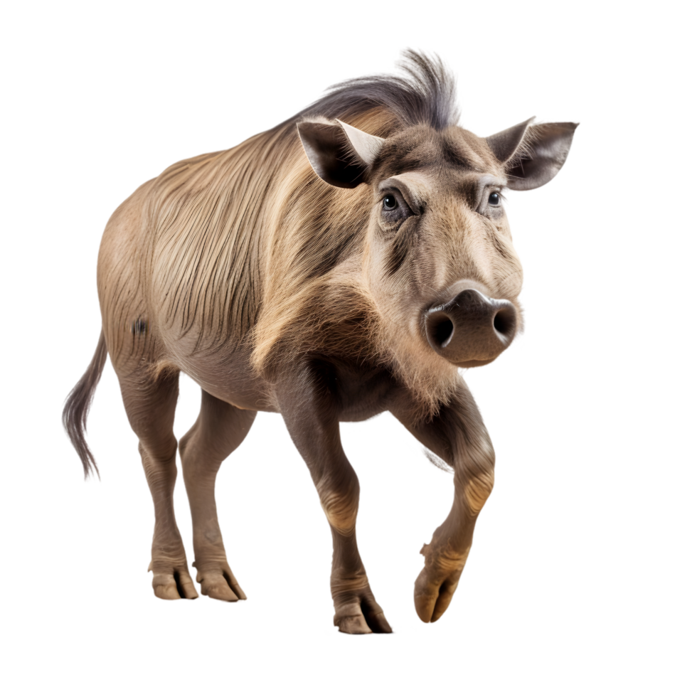 Warthog trotting forward with curved tusks in natural habitat wildlife photography close-up view african savanna png