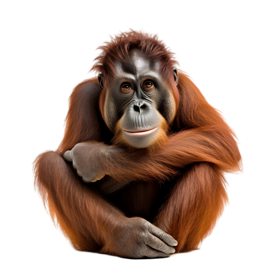 Orangutan resting thoughtfully tropical forest wildlife photography calm environment close-up view animal behavior png