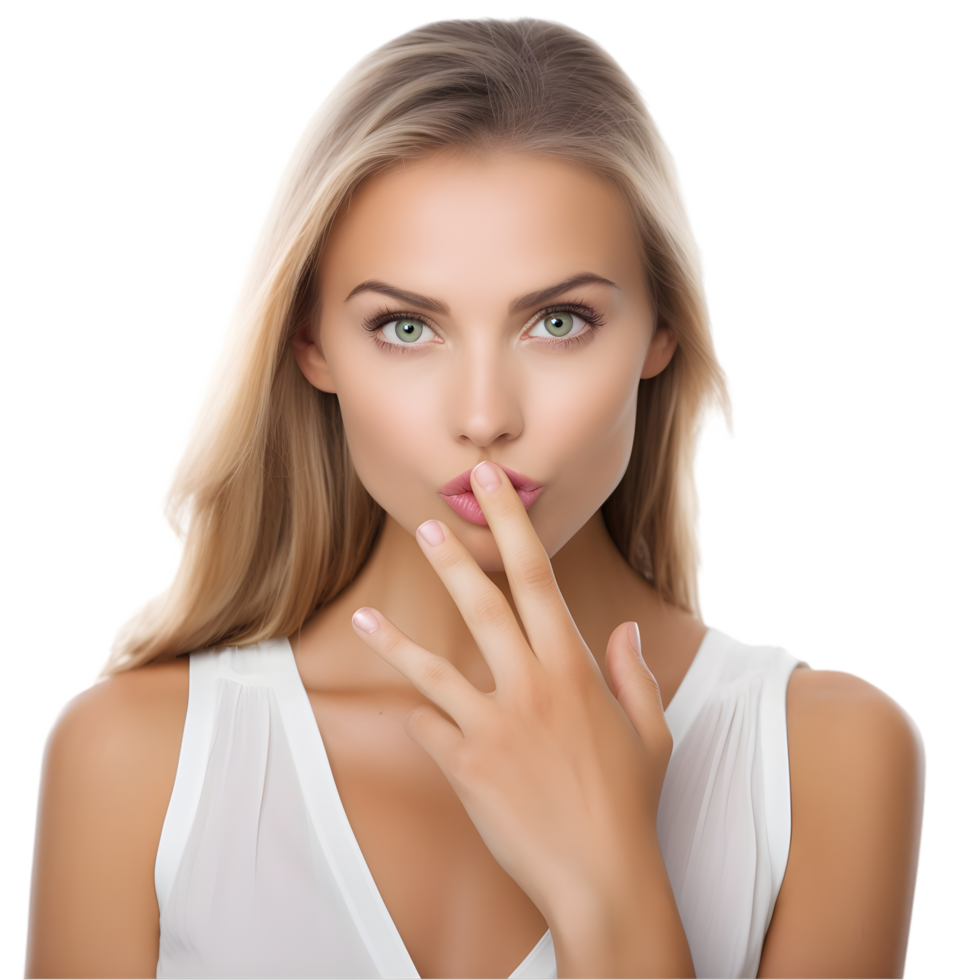 Woman whispering a secret indoor setting portrait photography soft lighting close-up view intimate gesture png