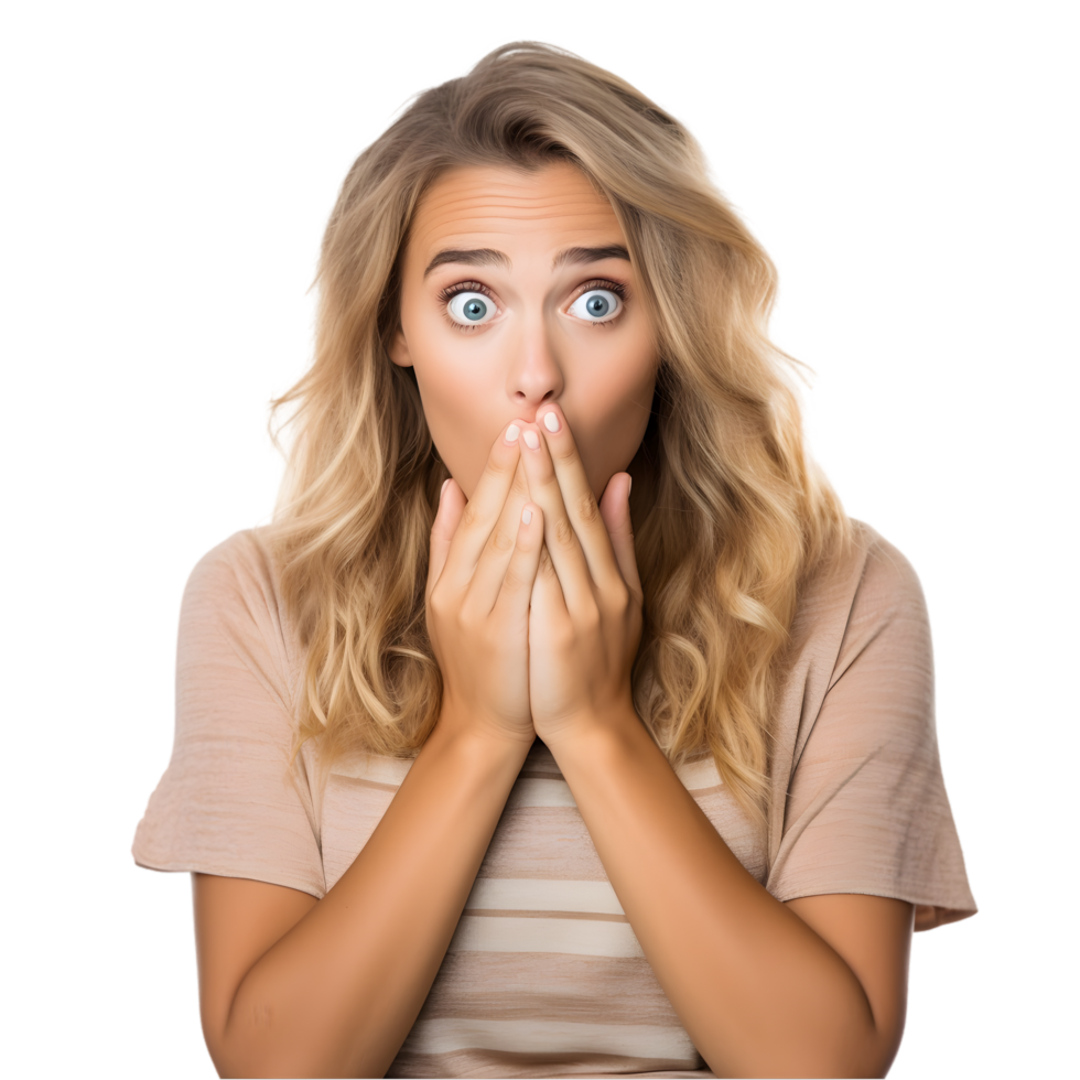 Surprised woman covering her mouth indoor setting portrait photography bright environment close-up view emotional reaction png
