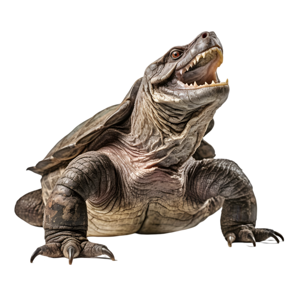 A snapping turtle showcasing its powerful jaw in a natural habitat close-up view wildlife photography png