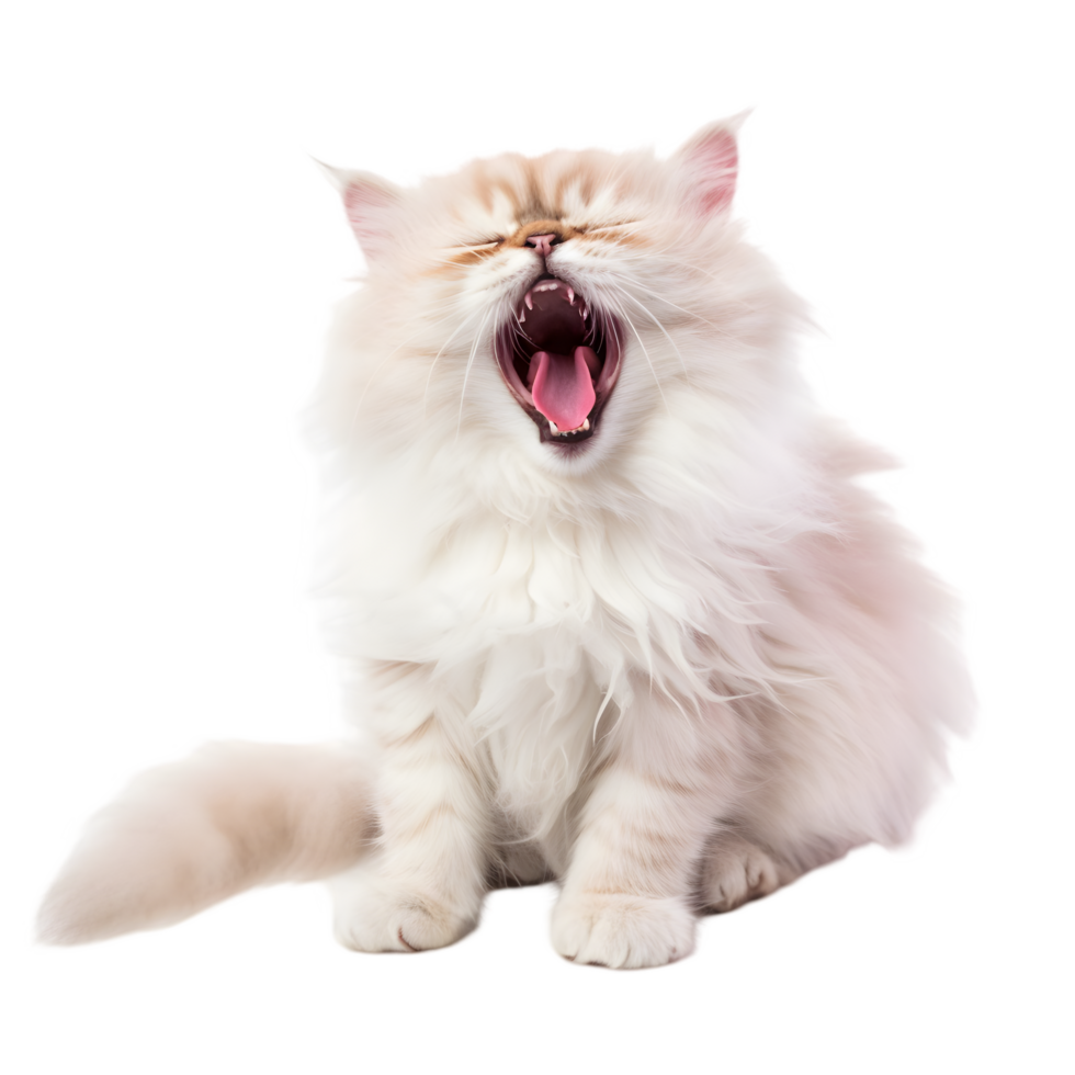 Persian cat yawning widely indoor home setting pet photography cozy environment close-up view adorable expression png